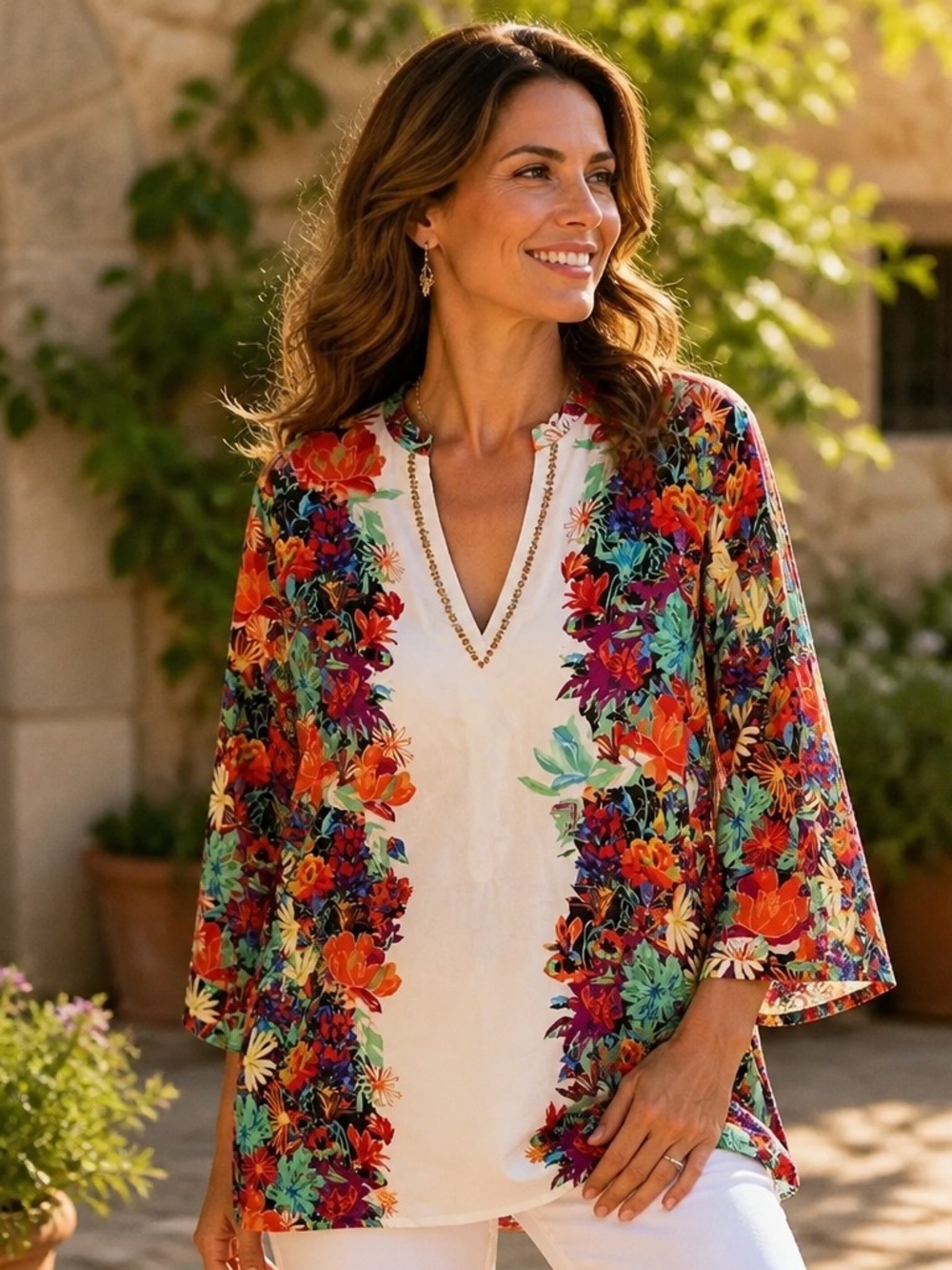 Nicole by Nicole Miller White Tunic with Multicolor Floral Border